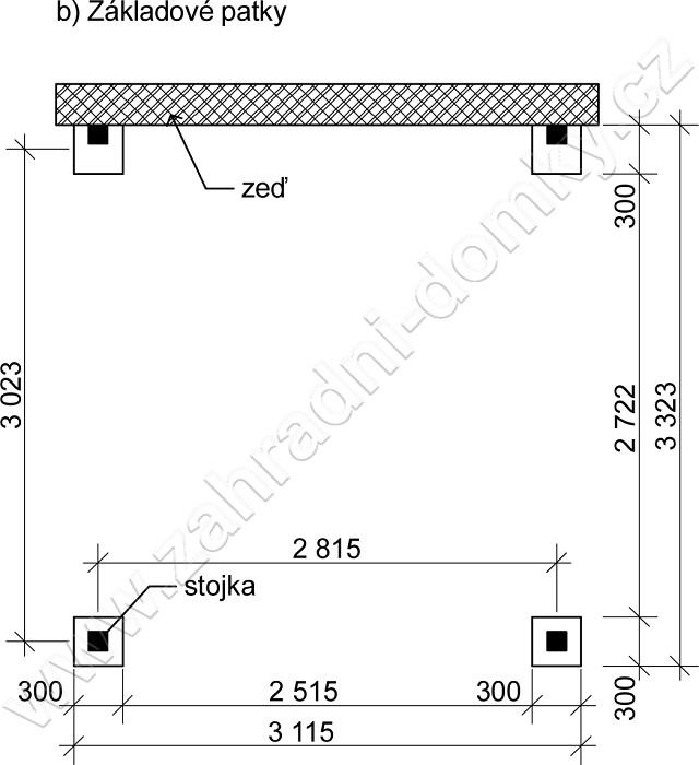 Přístřešek 300x270, sklon krokví 10° - betonové patky