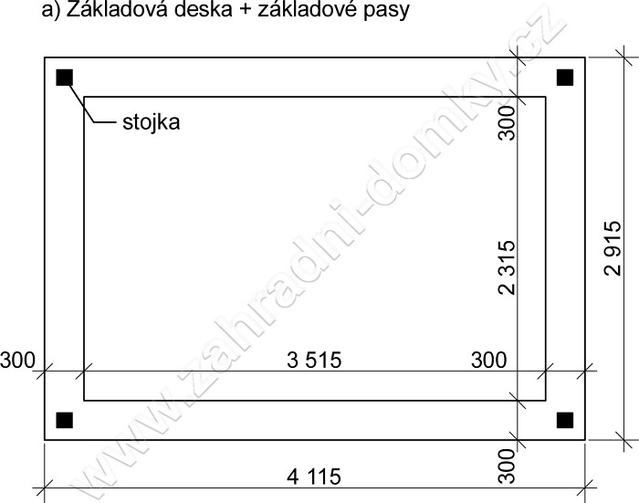 Pergola Standard 250x370, sklon krokví 10° - betonová deska