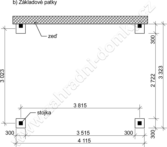 Přístřešek 300x370, sklon krokví 10° - betonové patky