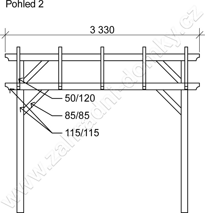 Přístřešek 300x270, sklon krokví 10° - pohled 2