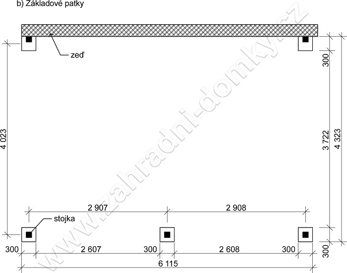 Přístřešek 400x570, sklon krokví 10° - betonové patky