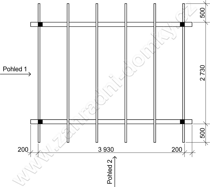 Pergola Standard 250x370, sklon krokví 10° - půdorys