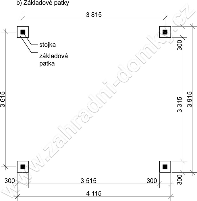 Pergola Klasik 350x370, sklon krokví 10° - betonové patky