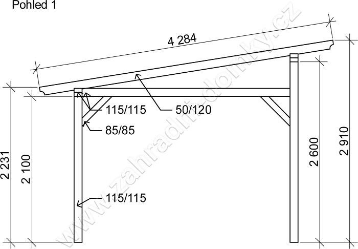 Pergola Klasik 300x570, sklon krokví 10° - pohled 1