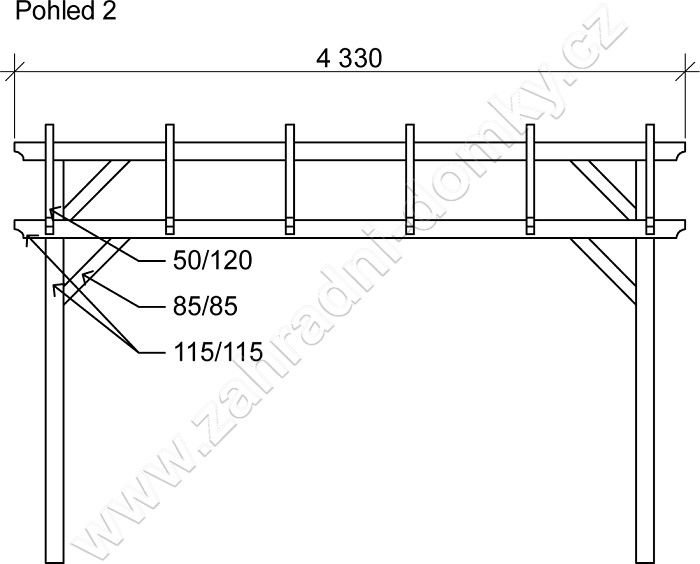 Přístřešek 300x370, sklon krokví 10° - pohled 2