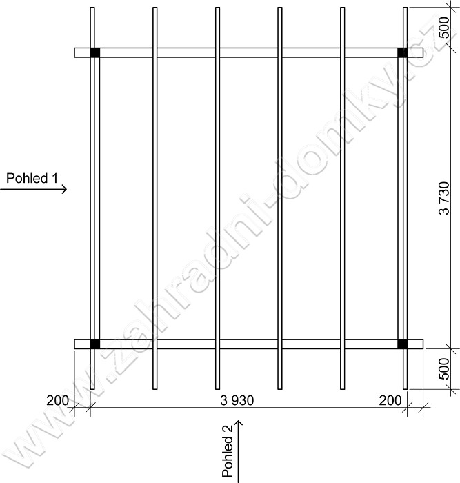 Pergola Klasik 350x370, sklon krokví 10° - půdorys