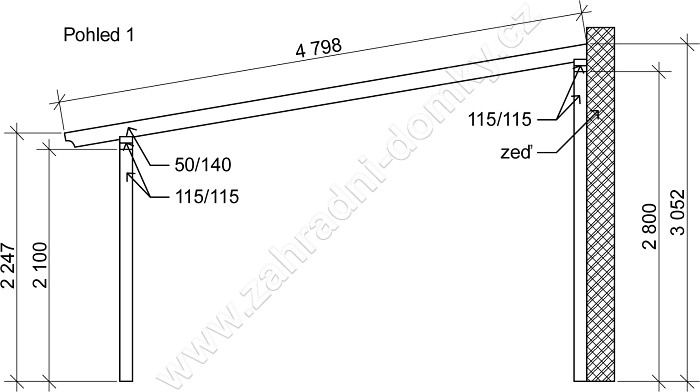 Přístřešek 400x470, sklon krokví 10° - pohled 1