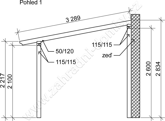 Přístřešek 250x370, sklon krokví 10° - pohled 1