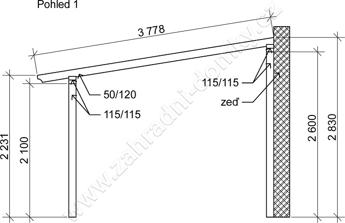 Přístřešek 300x470, sklon krokví 10° - pohled 1