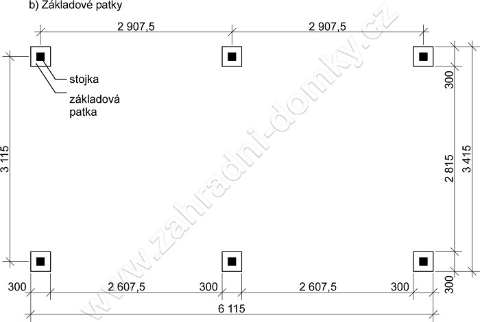 Pergola Klasik 300x570, sklon krokví 10° - betonové patky