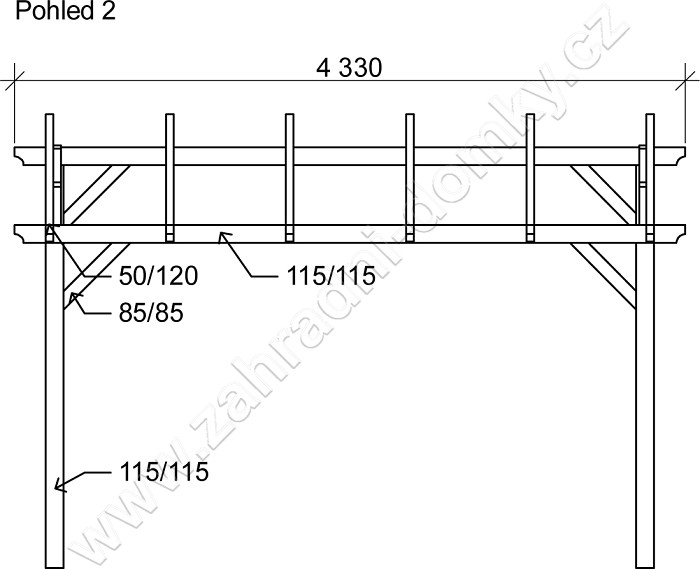 Pergola Standard 250x370, sklon krokví 10° - pohled 2