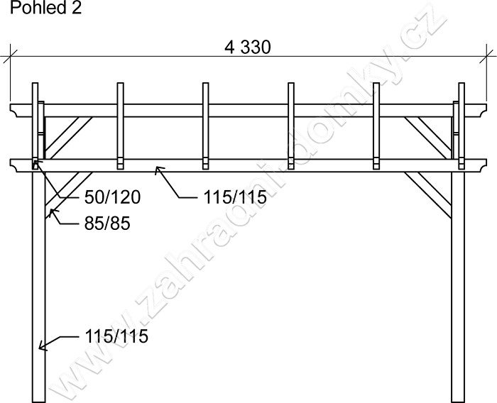 Pergola Standard 300x370, sklon krokví 10° - pohled 2